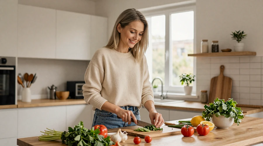 Russian woman preparing a home-cooked meal in a bright modern kitchen