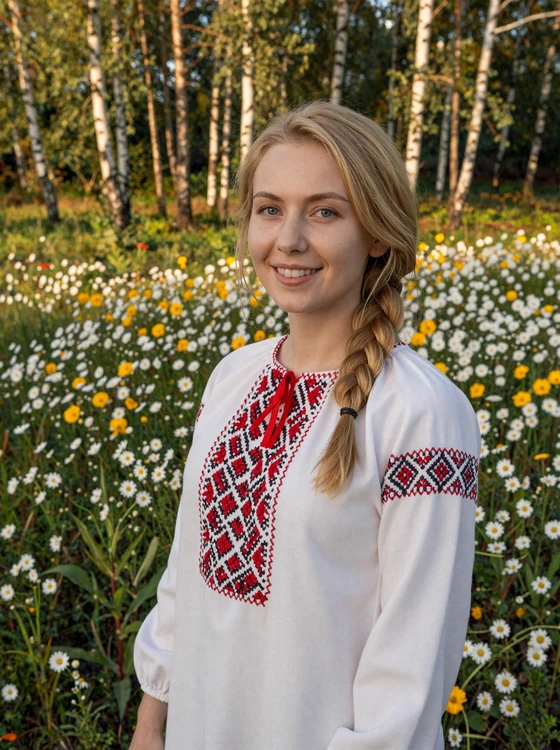 Belarusian woman wearing traditional embroidered blouse standing in a wildflower meadow near a birch forest