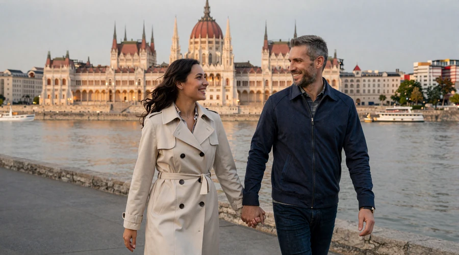 Happy American man and Hungarian woman walking along the Danube promenade in Budapest at evening