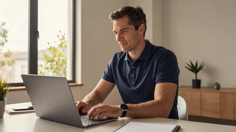 American man researching online dating safety tips on his laptop at home office