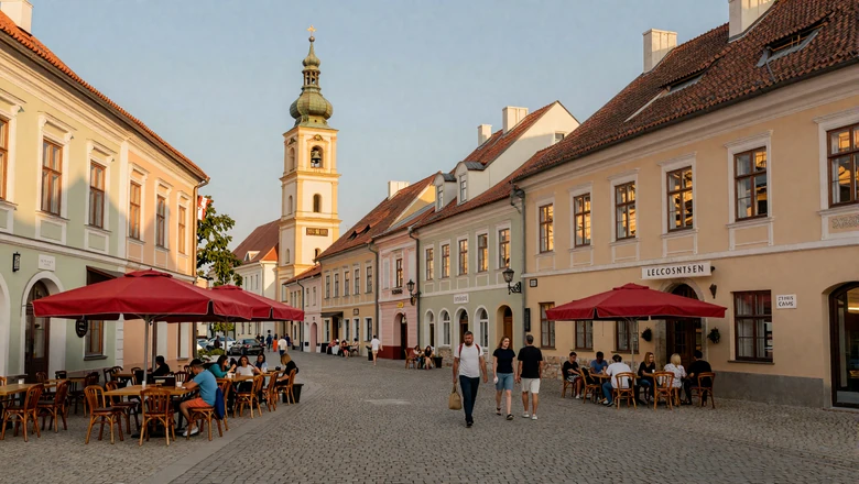 Charming Eastern European old town square with outdoor cafes and historic architecture, ideal for a romantic trip