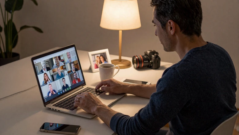 Man preparing for a video chat date with his long-distance Slavic partner from his home office