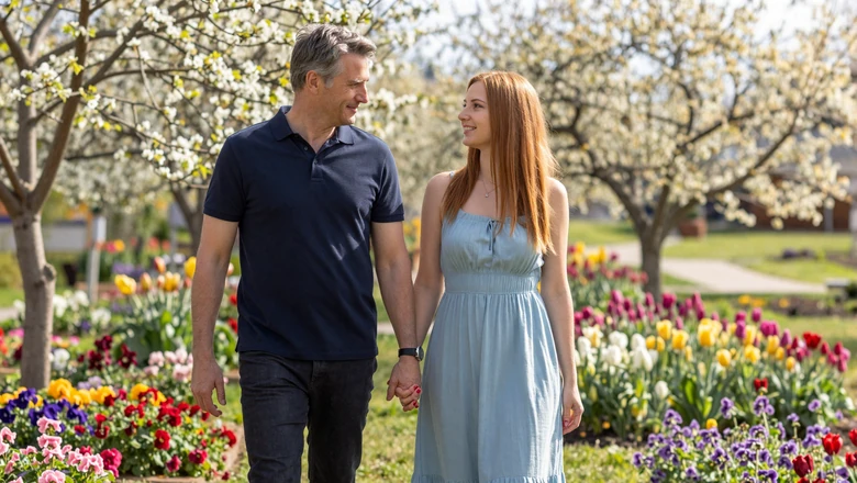 American man and Slavic woman walking through a garden, representing a successful international couple