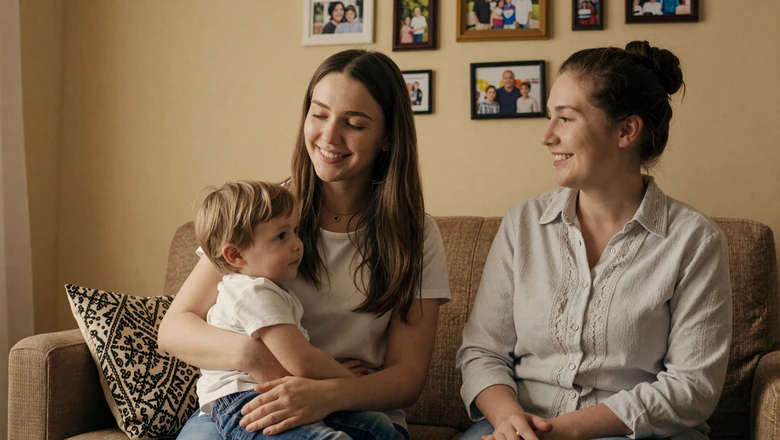 Slavic woman with her family sharing a warm moment at home, illustrating strong family values