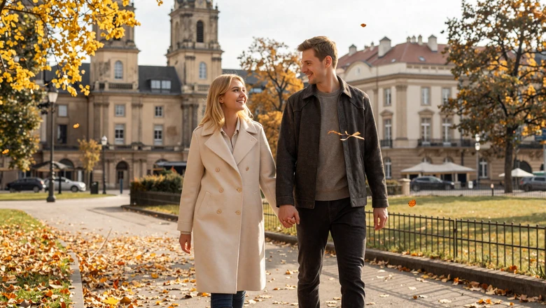 Couple walking through a European autumn park representing cross-cultural romance and shared family values