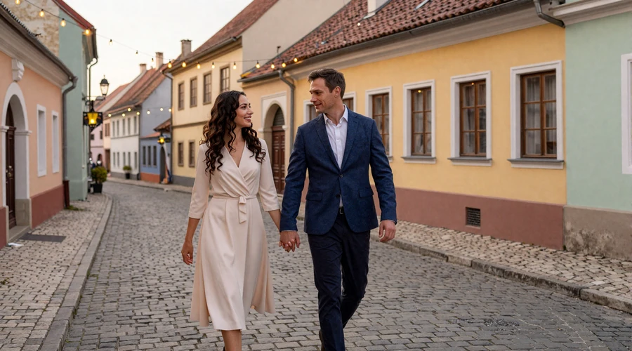 Romanian-American couple walking hand in hand through a charming medieval Romanian old town at sunset