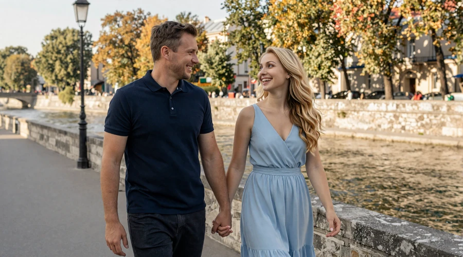 Happy American man and Ukrainian woman walking together along a scenic European riverside