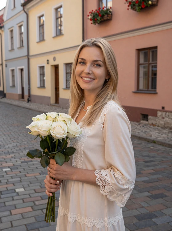 Beautiful Polish woman holding white roses on a charming cobblestone street in Poland