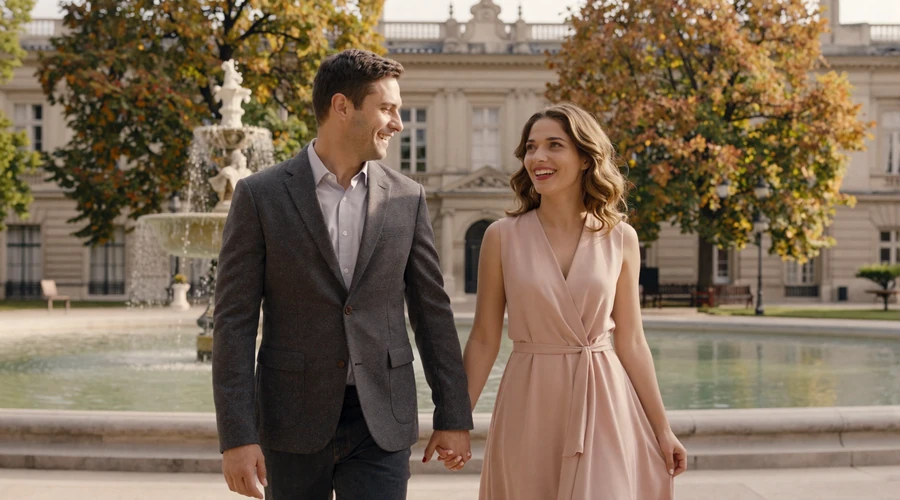 Happy American man and Polish woman walking through a beautiful European park together