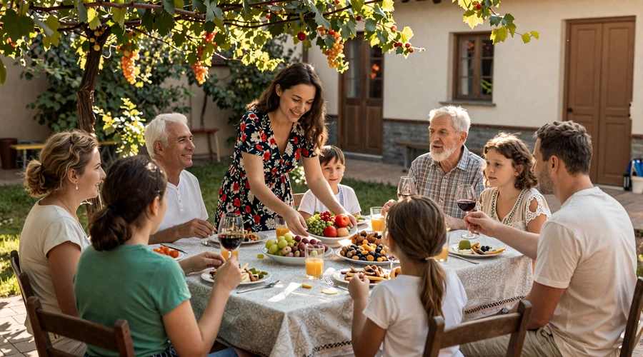 Warm Moldovan family gathering outdoors with traditional food and wine under grapevines