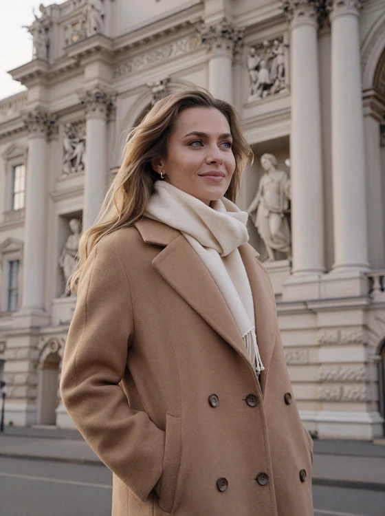 Elegant Russian woman in a classic camel coat near beautiful European architecture