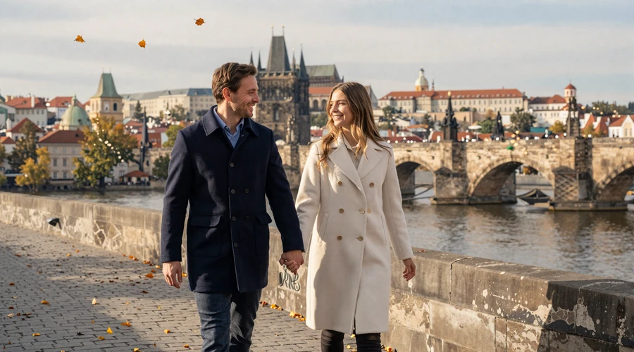 American man and Czech woman walking hand in hand along Prague riverside with castle in background