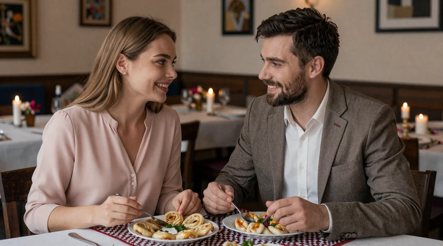 Couple enjoying a traditional Belarusian dinner with draniki in a warm candlelit restaurant