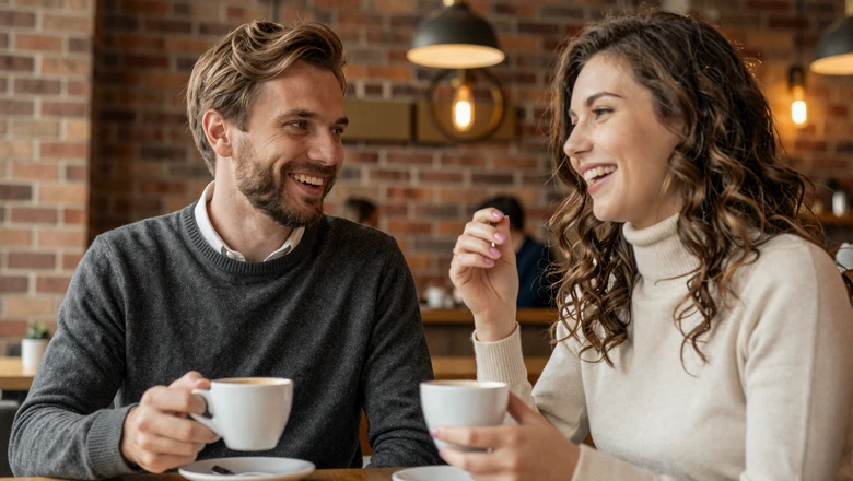 American man and Slavic woman enjoying a warm conversation in a European cafe