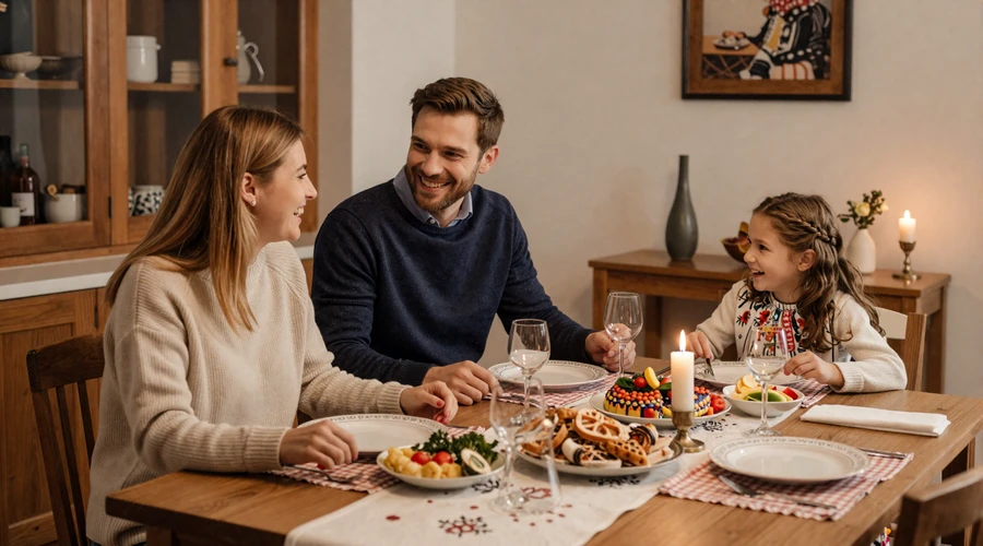 Happy Polish-American couple enjoying a traditional family dinner together at home