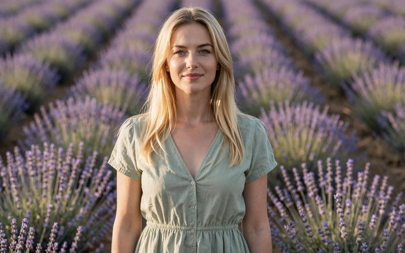 A beautiful Slavic woman with blonde hair enjoying a sunlit lavender field, showcasing natural Eastern European beauty