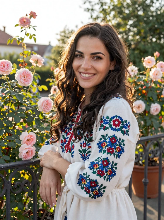 Elegant Hungarian woman in traditional folk-inspired blouse on a Budapest terrace with blooming roses