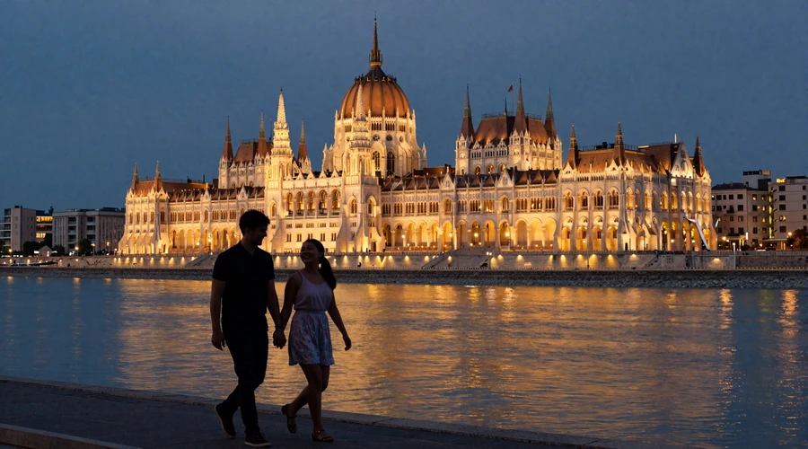 Romantic evening view of Budapest Chain Bridge and Parliament Building reflecting on the Danube River