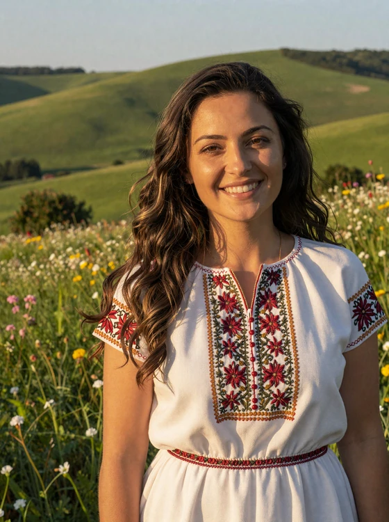 Romanian woman wearing traditional ie embroidered blouse in the beautiful Romanian countryside
