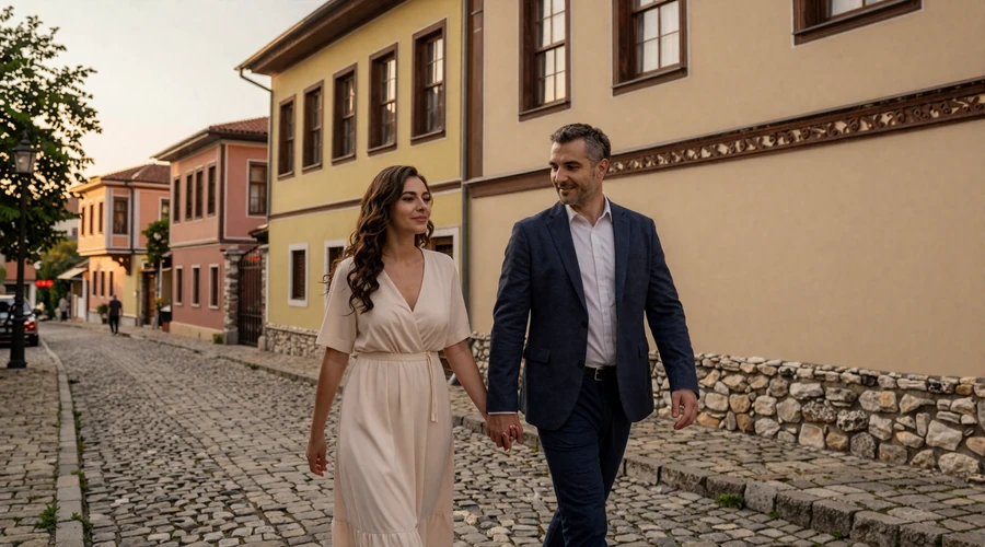 Bulgarian-American couple walking through the charming old town of Plovdiv at sunset