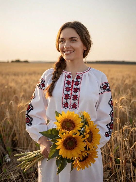 Ukrainian woman wearing traditional vyshyvanka embroidered blouse in a sunflower field