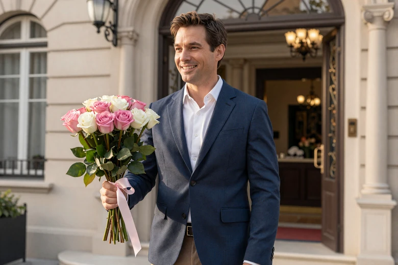 A gentleman bringing flowers for his first date with a Slavic woman