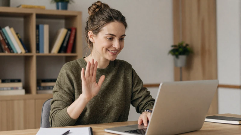 Slavic woman waving during a safe online dating video chat from her apartment