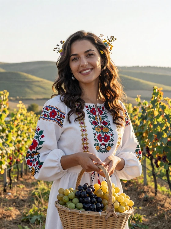 Moldovan woman in traditional embroidered blouse holding grapes in a scenic vineyard