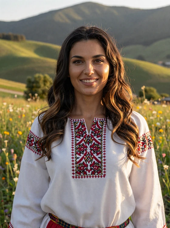 Bulgarian woman wearing traditional folk embroidered blouse in the beautiful Bulgarian countryside