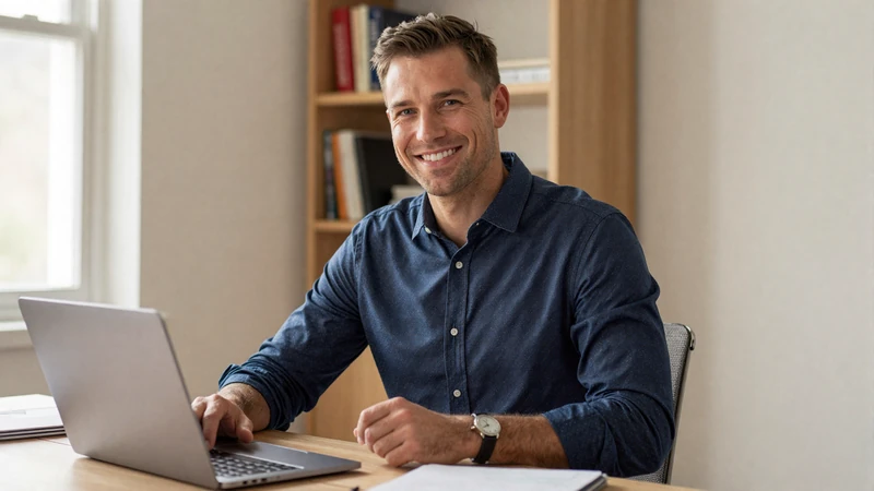 American man preparing for his first video chat date with a Slavic woman at a well-organized home desk