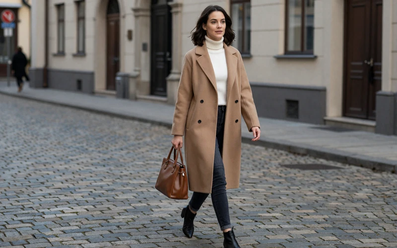 Fashionable Polish woman in an elegant coat walking on a cobblestone European street, embodying Slavic style