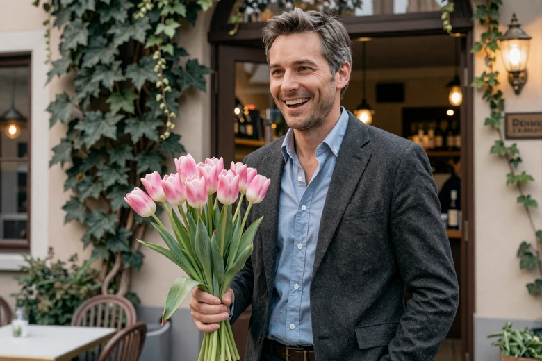 Well-dressed American man holding tulips at the entrance of a cozy European restaurant, preparing for a first date