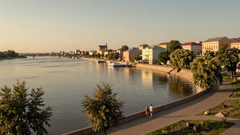 Scenic Ukrainian city waterfront promenade along a wide river, a romantic destination for meeting Slavic women
