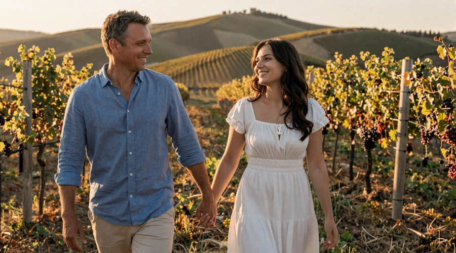 Happy American man and Moldovan woman walking together through a scenic vineyard at sunset
